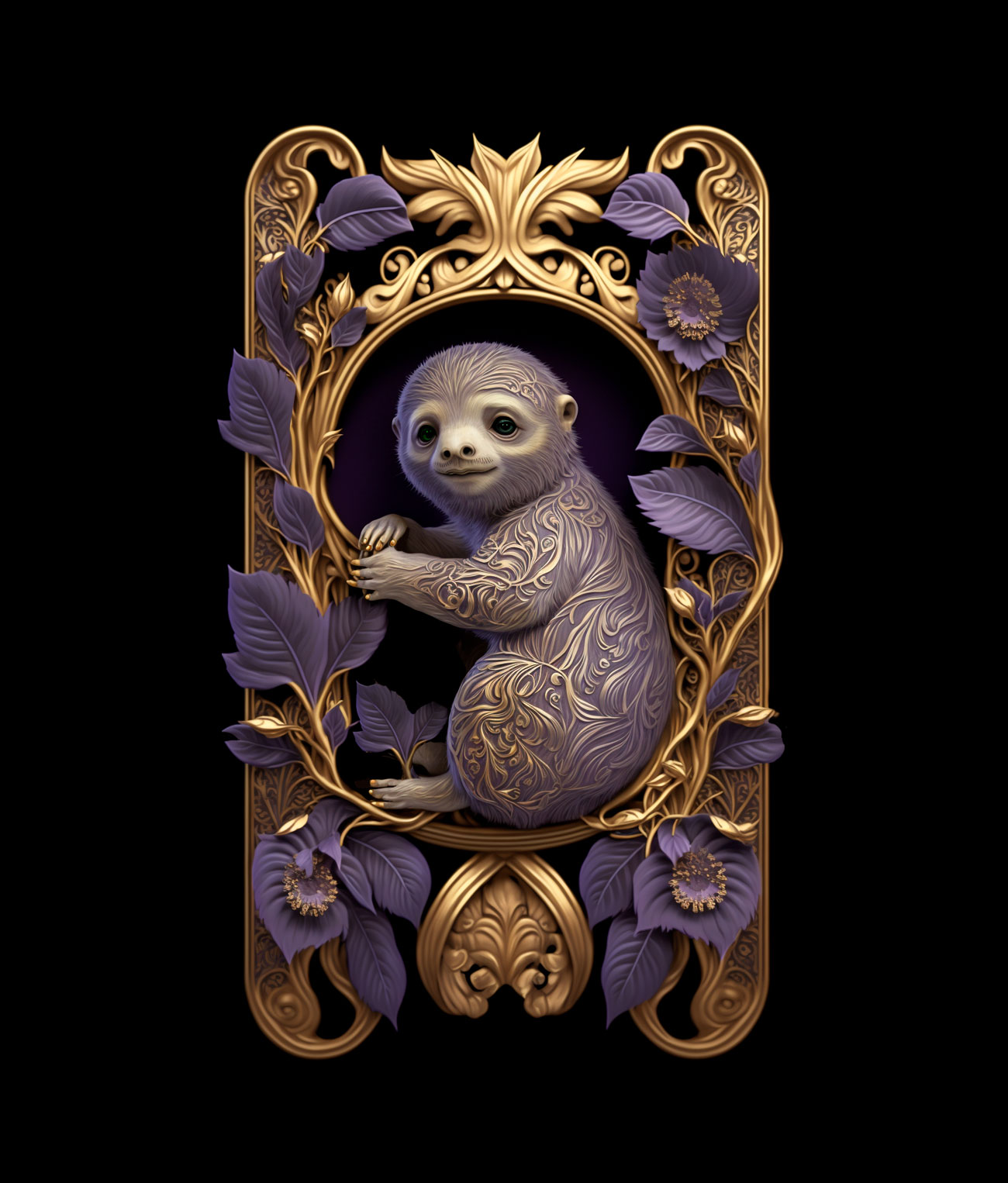 3D render of a sloth in a gold frame
