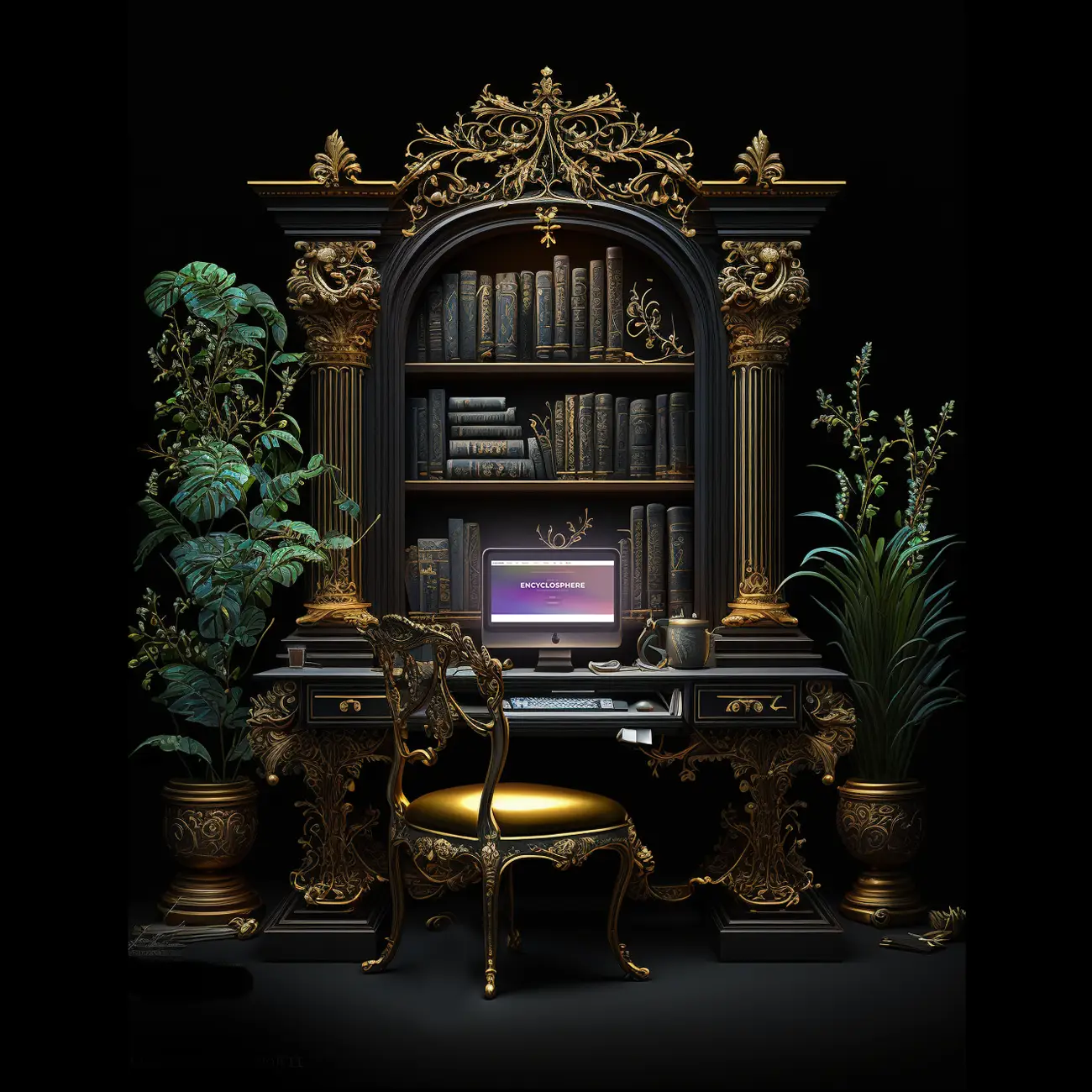 3D render of a desk with a computer