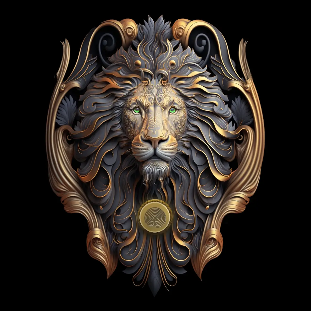 3D render of a lion with green eyes