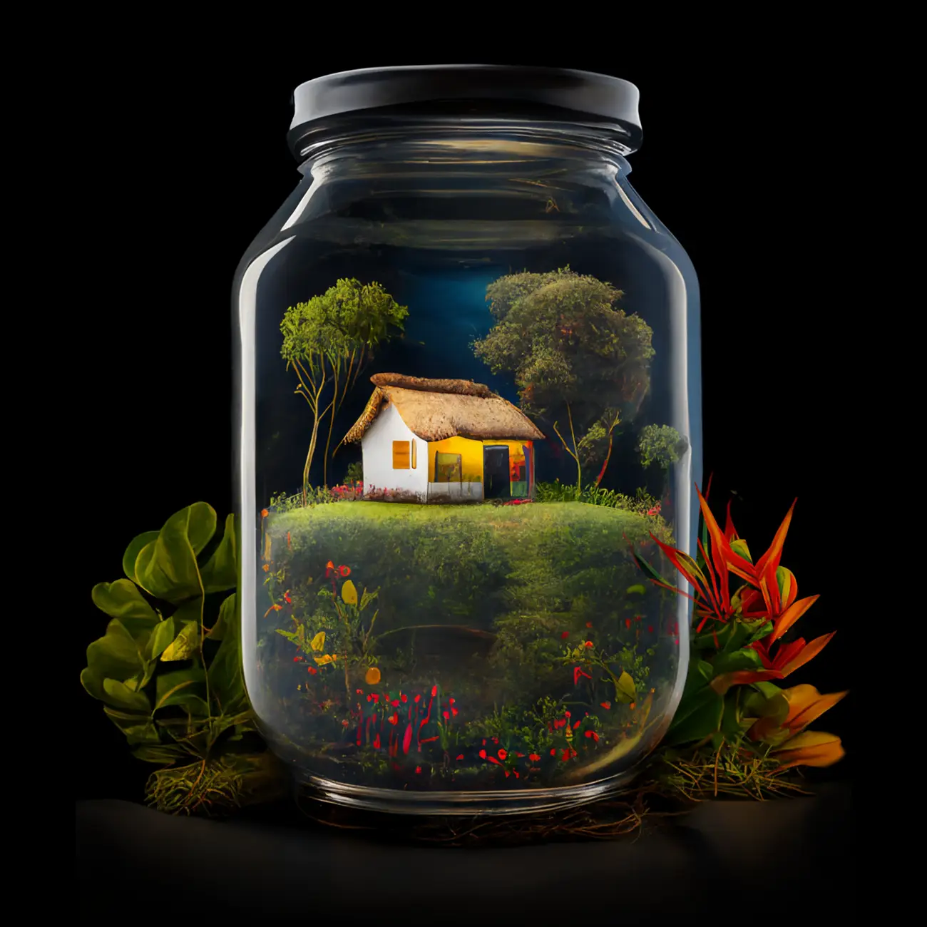 3D render of a cottage and garden in a glass bottle