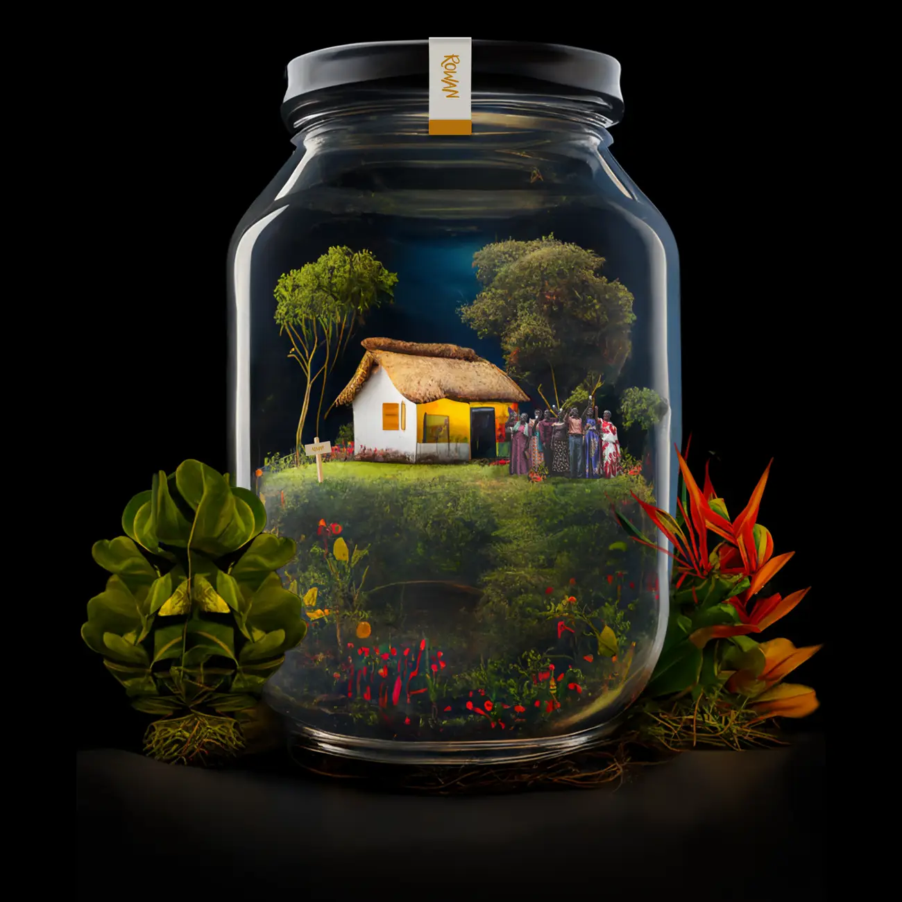 3D render of a cottage and garden in a glass bottle